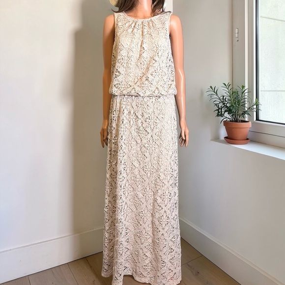 London Times Dresses & Skirts - London Times Crochet Maxi Dress Size 10 Beige Boho Lined